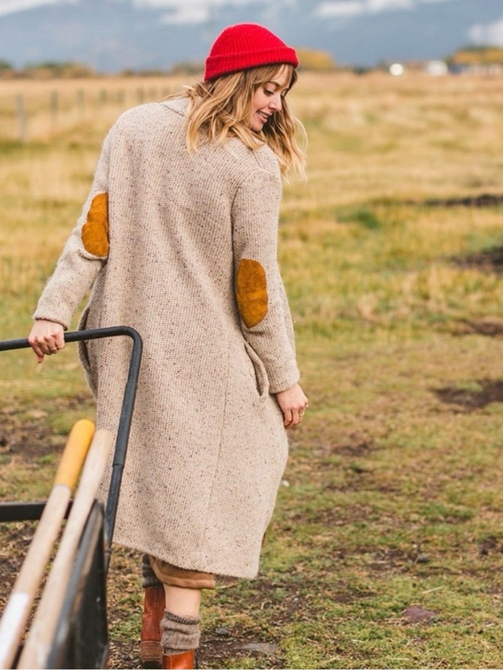 Revivall Clothing Women’s Campfire Duster Alpaca Sweater Elbow Patch Oatmeal S